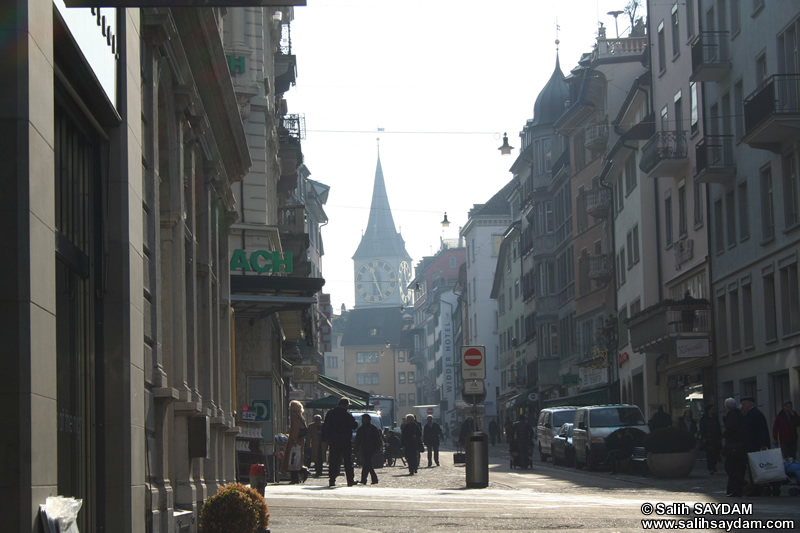 Zurich Photo 7 (Rennweg and St.Peter's Clock Tower (The largest Clock Face in Europe)) (Switzerland)